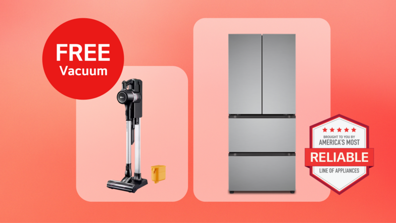 text reading free vacuum above images of a vacuum and refrigerator
