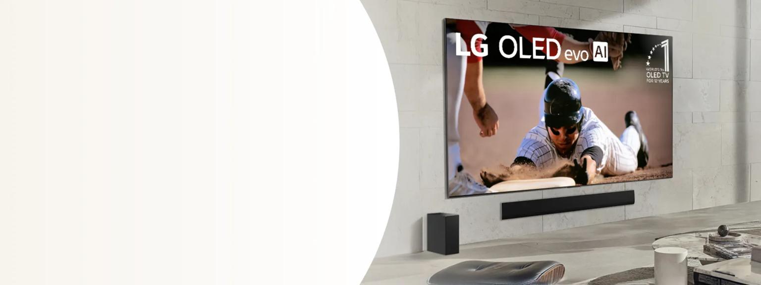 An LG OLED TV appears in a living room setting with a soundbar beneath it. The TV infill shows a badge reading “World’s No. 1 OLED TV for 12 Years”.