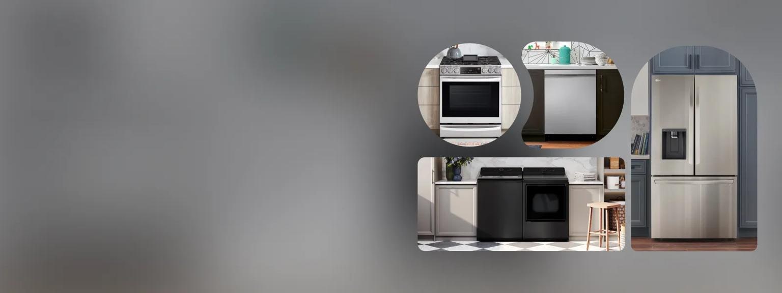 A collection of LG home appliances arranged against a sleek, modern background. The background has a smooth gradient effect, transitioning from a darker gray on the left to a slightly lighter gray on the right, giving it a clean and minimalist aesthetic.